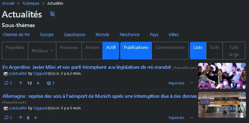 Rubrique Actualités et sous-thèmes PieFed