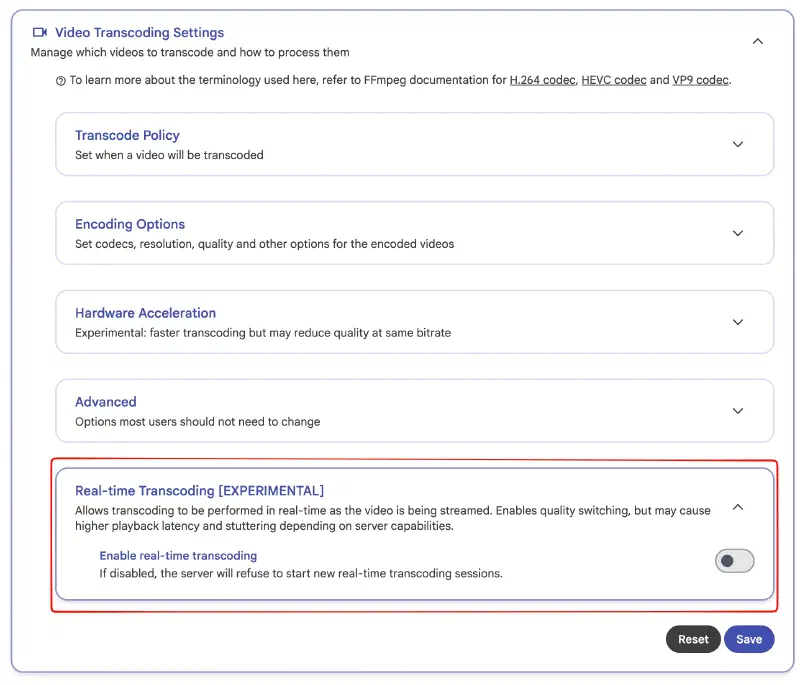 Capture officielle des paramètres de transcodage vidéo Immich avec l’option de transcodage temps réel