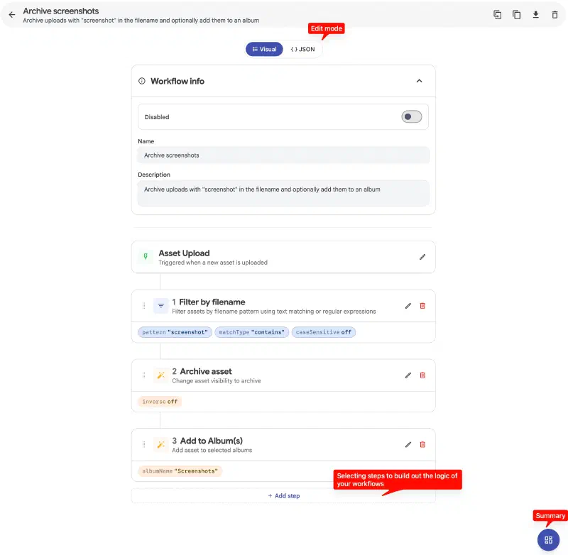 Capture officielle de l’éditeur de workflows Immich avec un workflow d’archivage