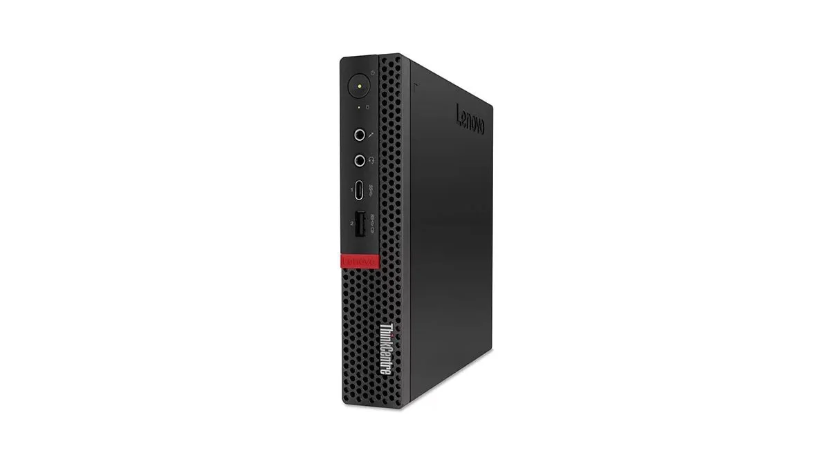 Lenovo ThinkCentre M720q Tiny noir présenté verticalement, avec sa façade perforée et ses ports USB et audio