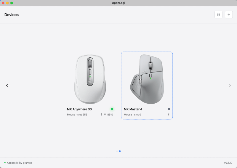 Capture officielle du carrousel de périphériques OpenLogi avec deux souris Logitech détectées