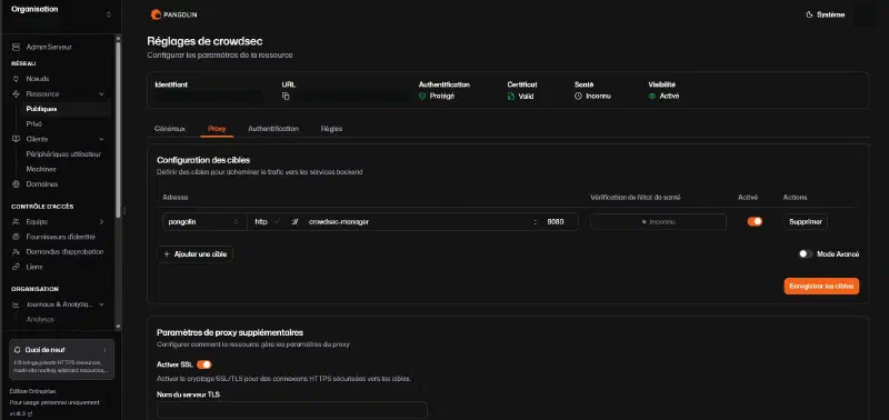 Ressource Pangolin CrowdSec Manager protégée par SSO avec cible interne crowdsec-manager:8080