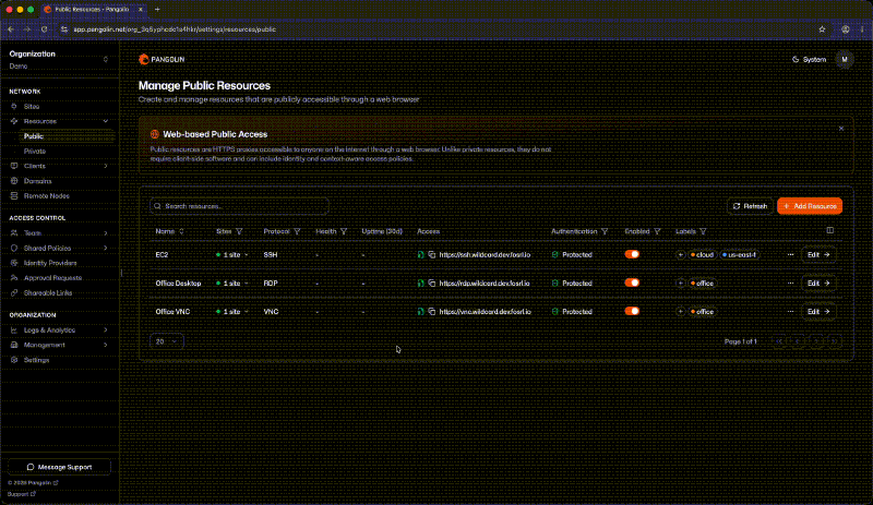 Session RDP interactive rendue dans le navigateur par Pangolin