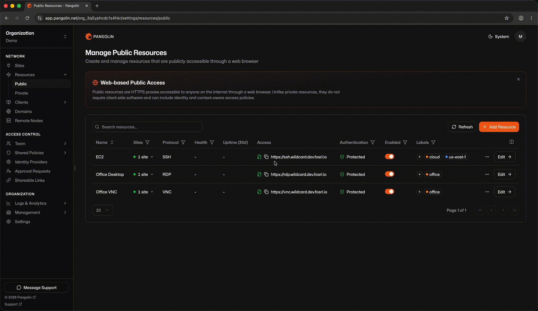 Terminal SSH interactif rendu dans le navigateur par Pangolin